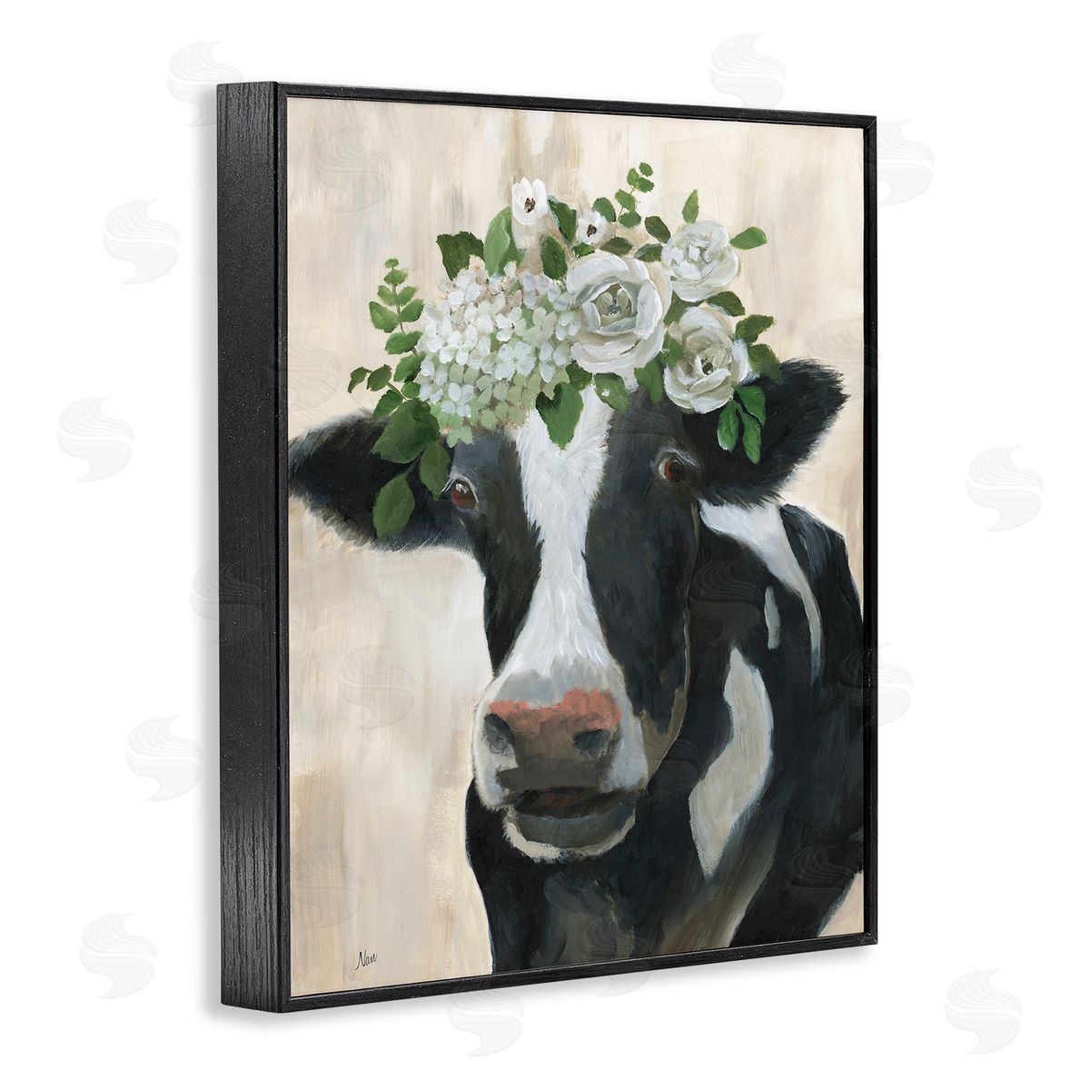 Floral Crown Cow Black Frame Print Wall Art, Home Decor by Nan