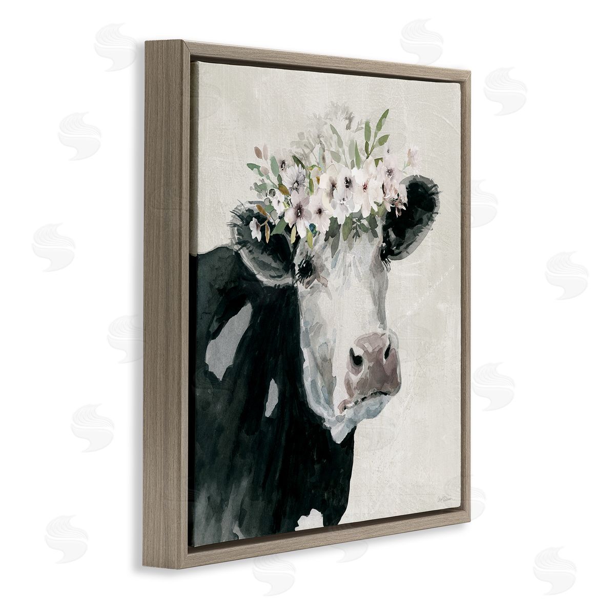 Gazing Cow with Florals Brown Floating Frame Canvas Wall Art, Home Decor by Carol Robinson