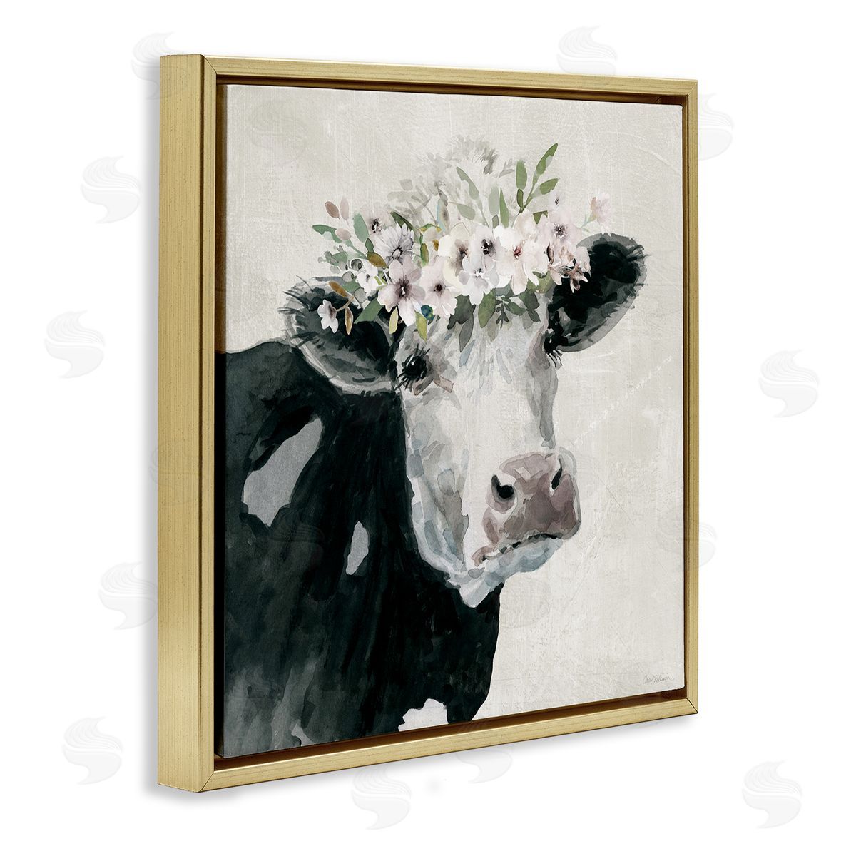Gazing Cow with Florals Gold Floating Frame Canvas Wall Art, Home Decor by Carol Robinson