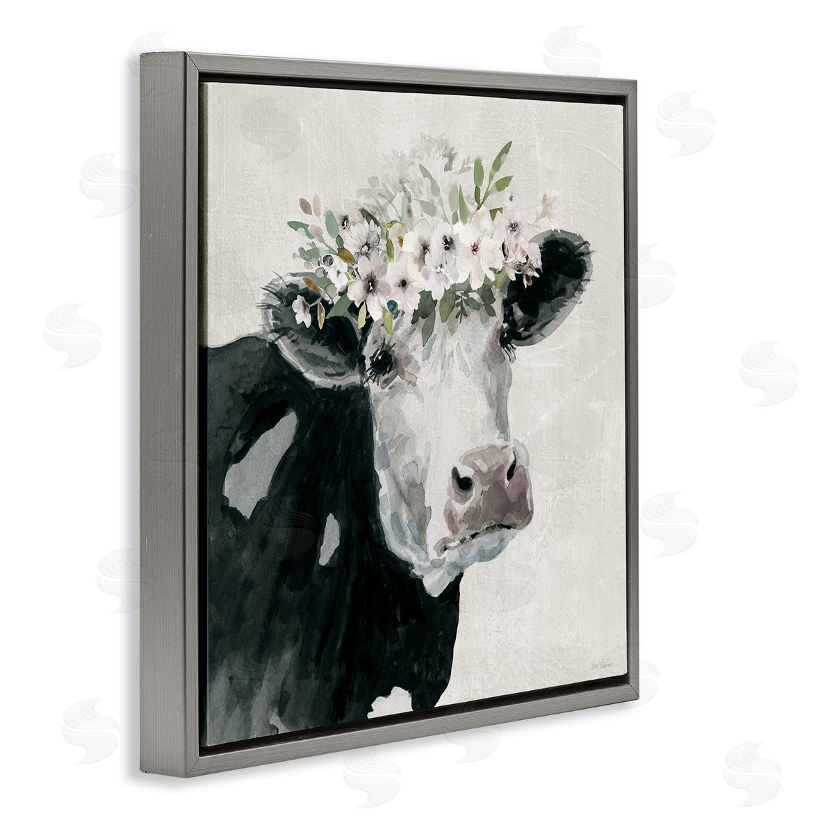 Gazing Cow with Florals Grey Floating Frame Canvas Wall Art, Home Decor by Carol Robinson