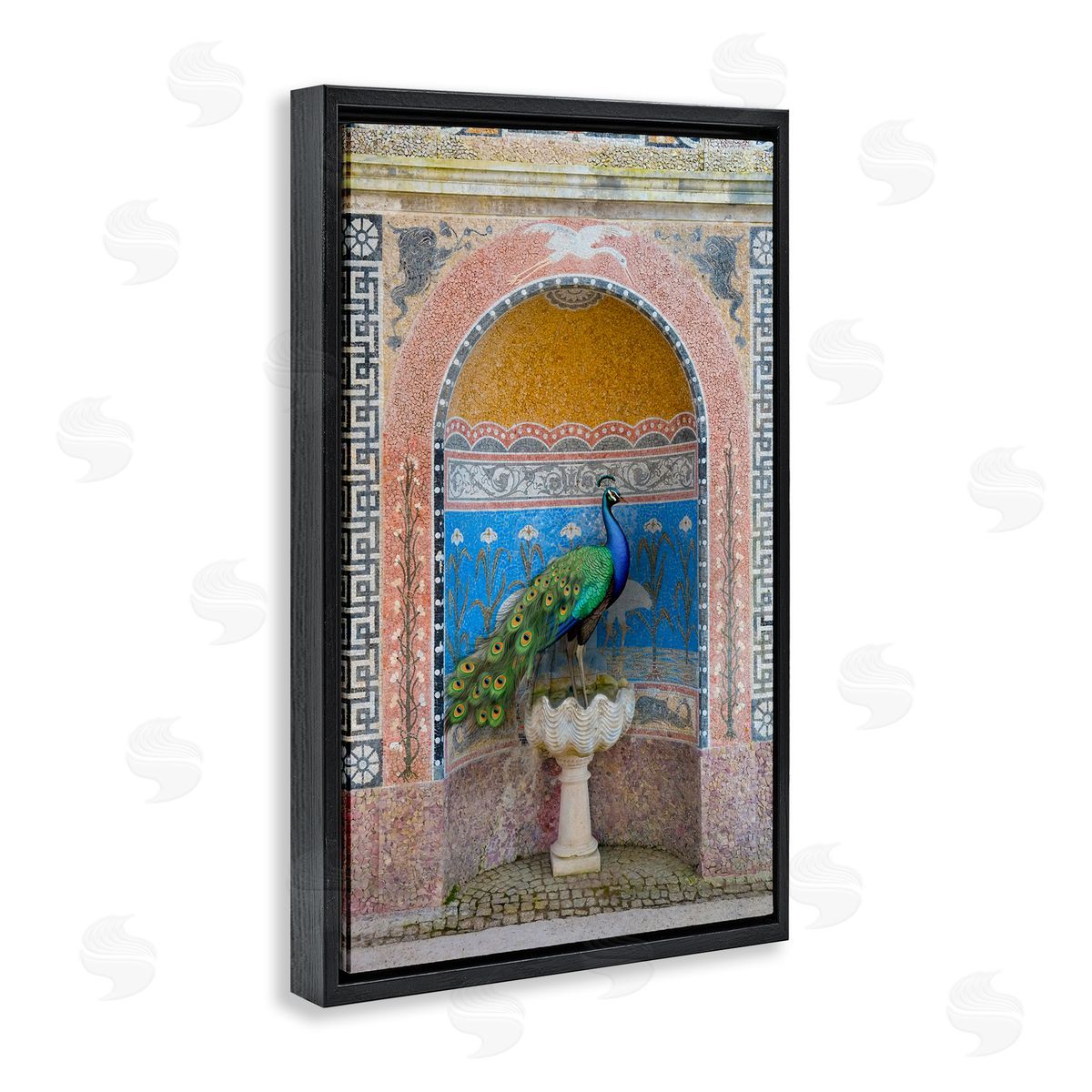Peacock with Traditional Architecture Black Floating Frame Canvas Wall Art, Home Decor by Danita Delimont