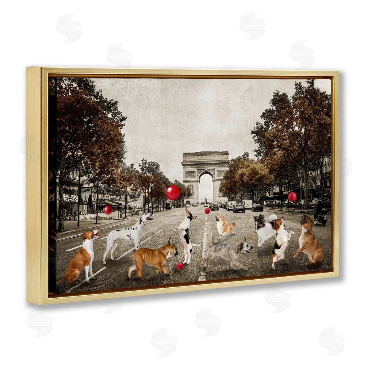 Dogs Playing Among Architecture Gold Floating Frame Canvas Wall Art, Home Decor by CAD Designs