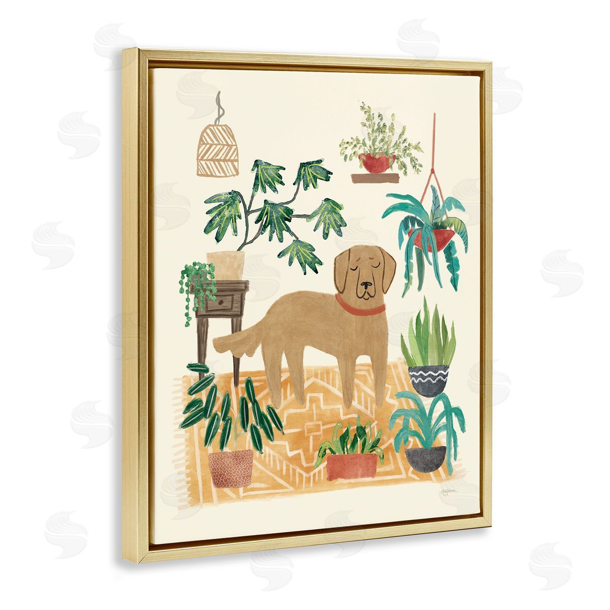 Labrador with House Plants Gold Floating Frame Canvas Wall Art, Home Decor by Mary Urban