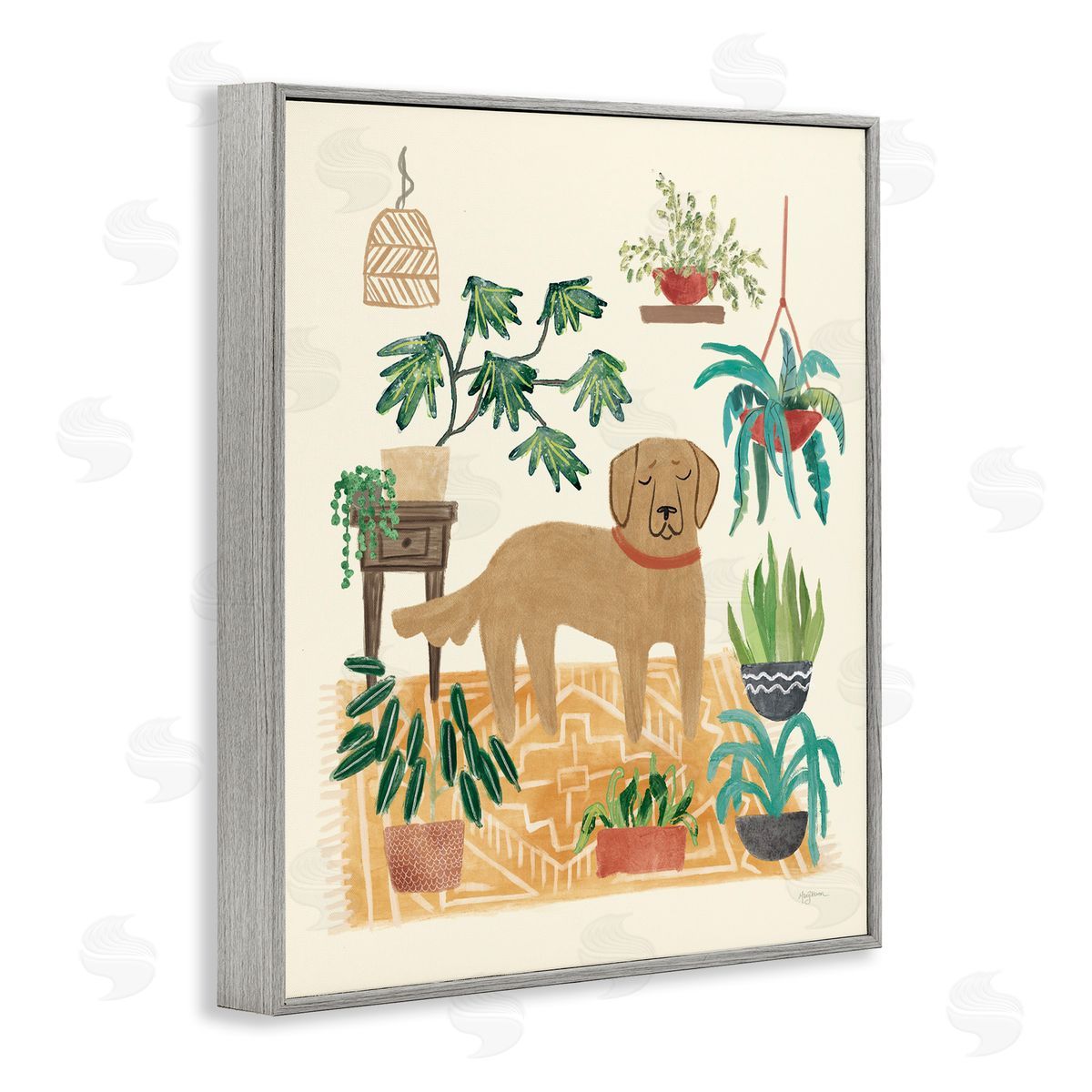Labrador with House Plants Grey Frame Print Wall Art, Home Decor by Mary Urban