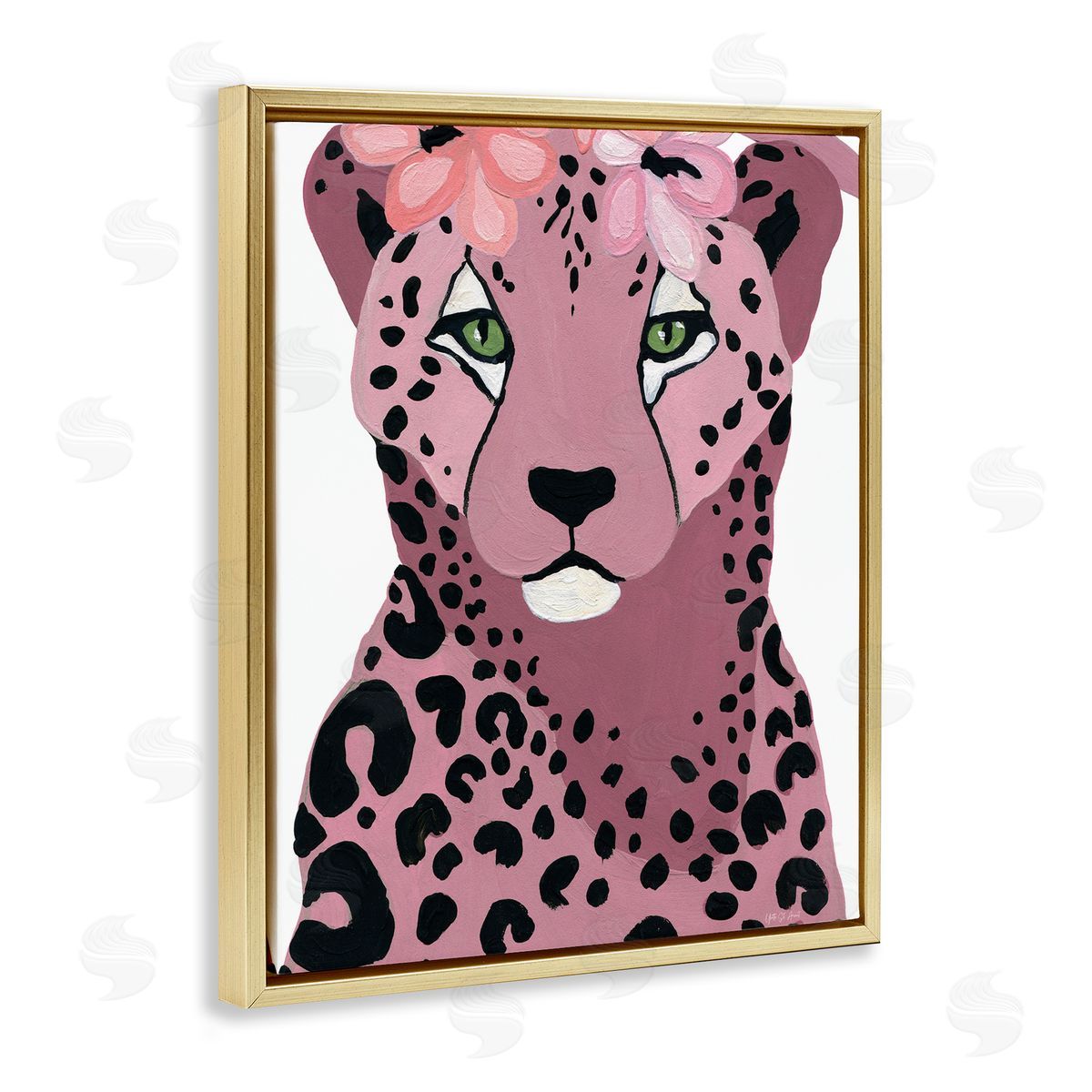 Cheetah with Pink Blossoms Gold Floating Frame Canvas Wall Art, Home Decor by Yvette St. Amant