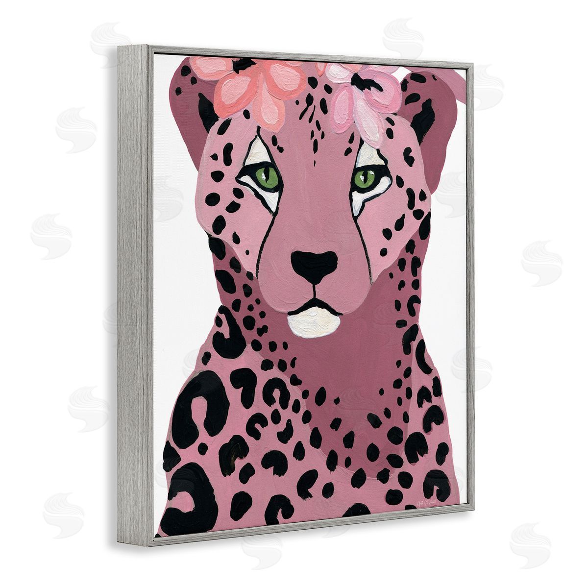 Cheetah with Pink Blossoms Grey Frame Print Wall Art, Home Decor by Yvette St. Amant