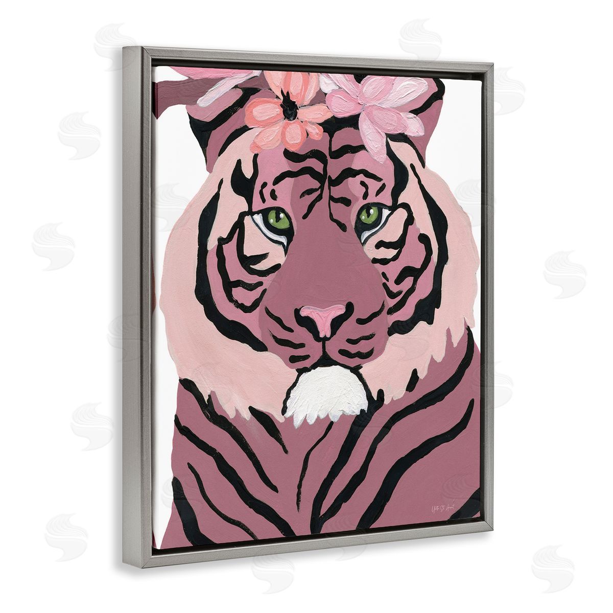 Tiger with Pink Blooms Grey Floating Frame Canvas Wall Art, Home Decor by Yvette St. Amant