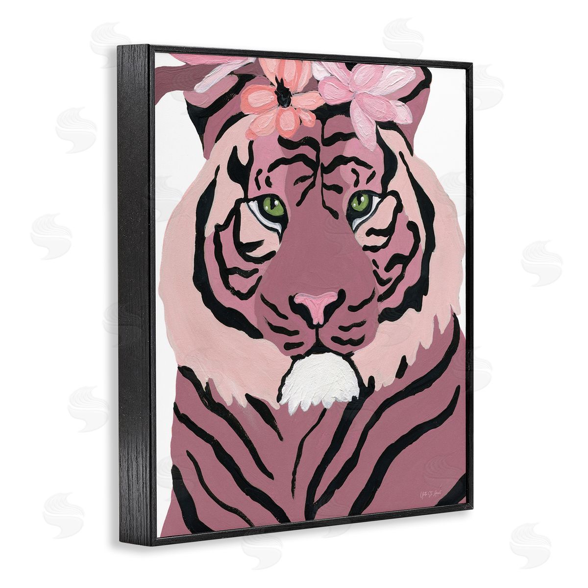 Tiger with Pink Blooms Black Frame Print Wall Art, Home Decor by Yvette St. Amant