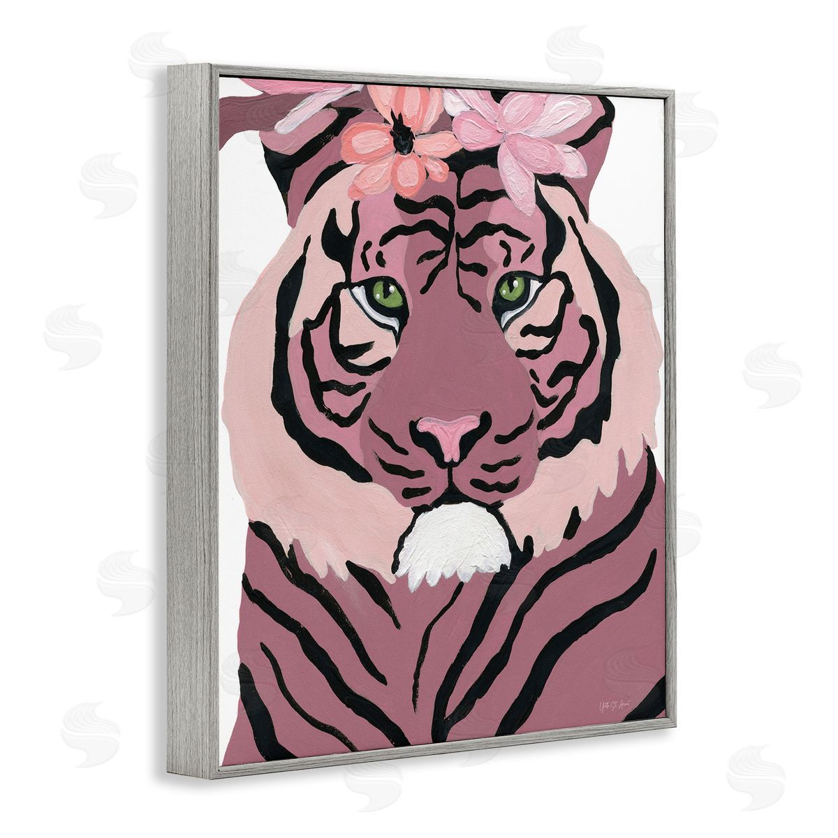 Tiger with Pink Blooms Grey Frame Print Wall Art, Home Decor by Yvette St. Amant
