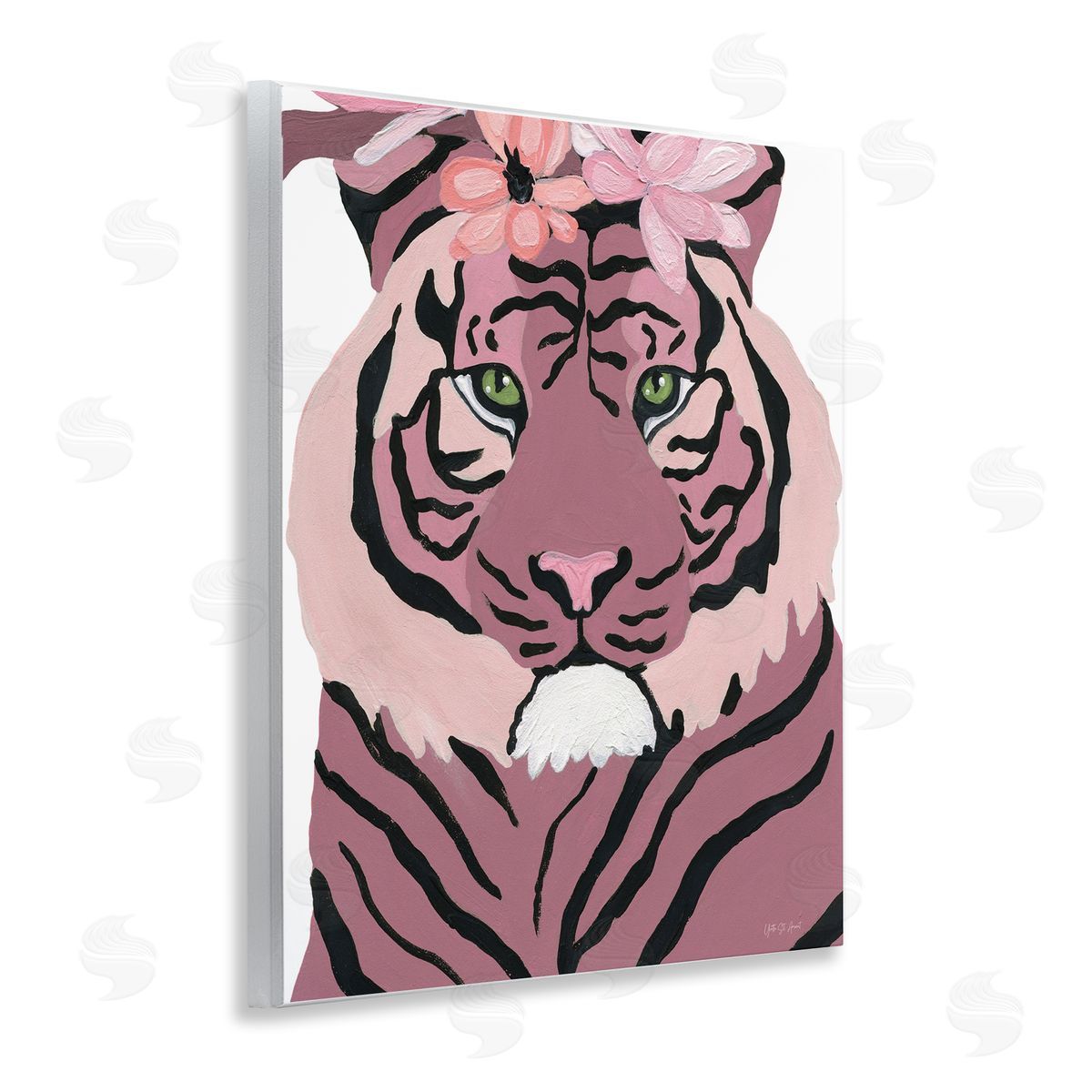 Tiger with Pink Blooms Wood Plaque Wall Art, Home Decor by Yvette St. Amant