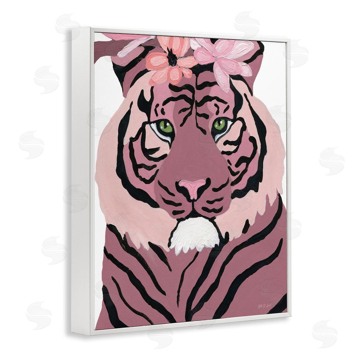 Tiger with Pink Blooms White Frame Print Wall Art, Home Decor by Yvette St. Amant