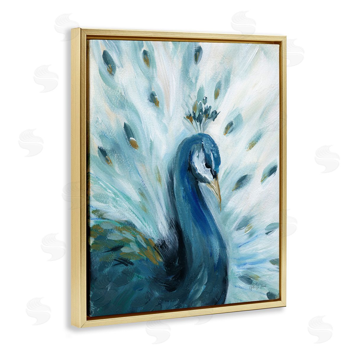 Elegant Peacock Painting Gold Floating Frame Canvas Wall Art, Home Decor by Yvette St. Amant