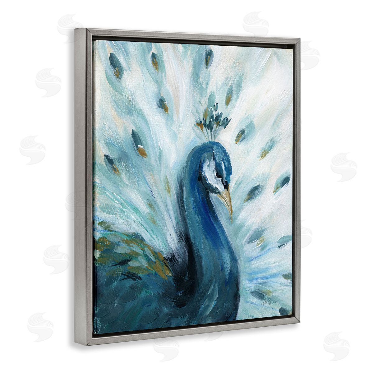 Elegant Peacock Painting Grey Floating Frame Canvas Wall Art, Home Decor by Yvette St. Amant