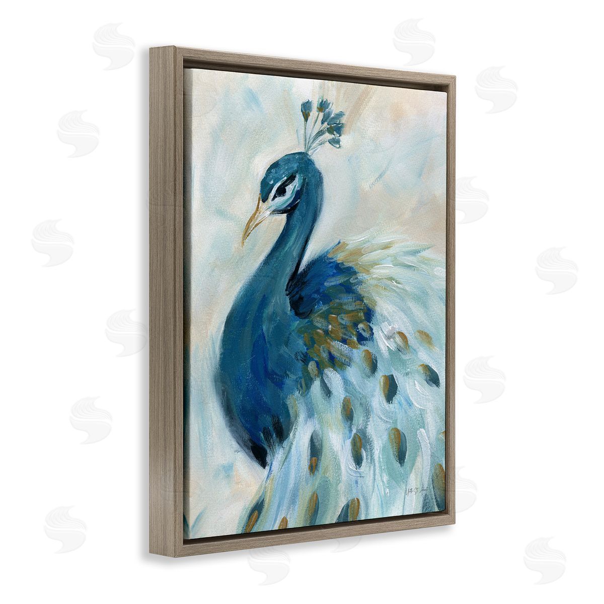 Elegant Blue Peacock Brown Floating Frame Canvas Wall Art, Home Decor by Yvette St. Amant