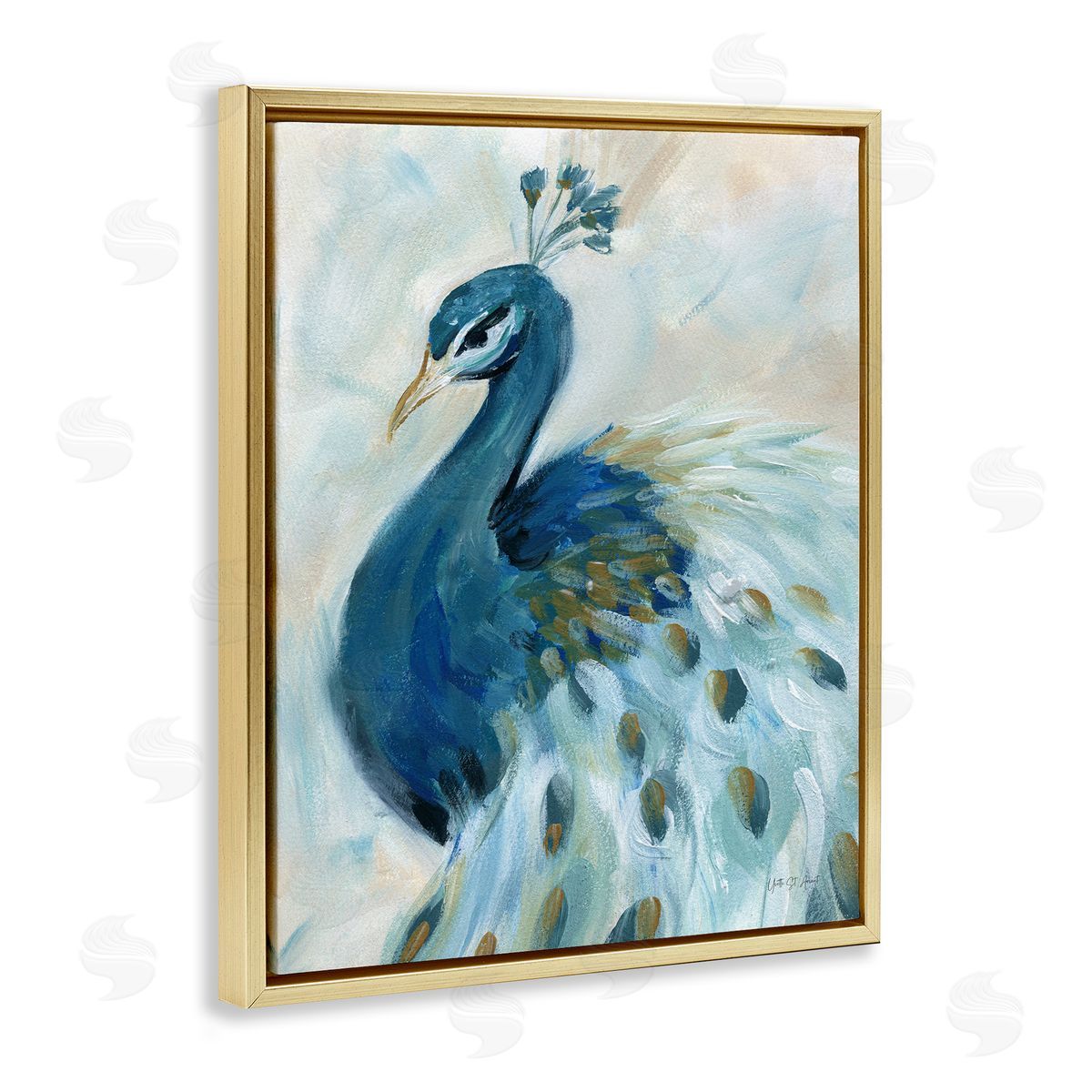 Elegant Blue Peacock Gold Floating Frame Canvas Wall Art, Home Decor by Yvette St. Amant