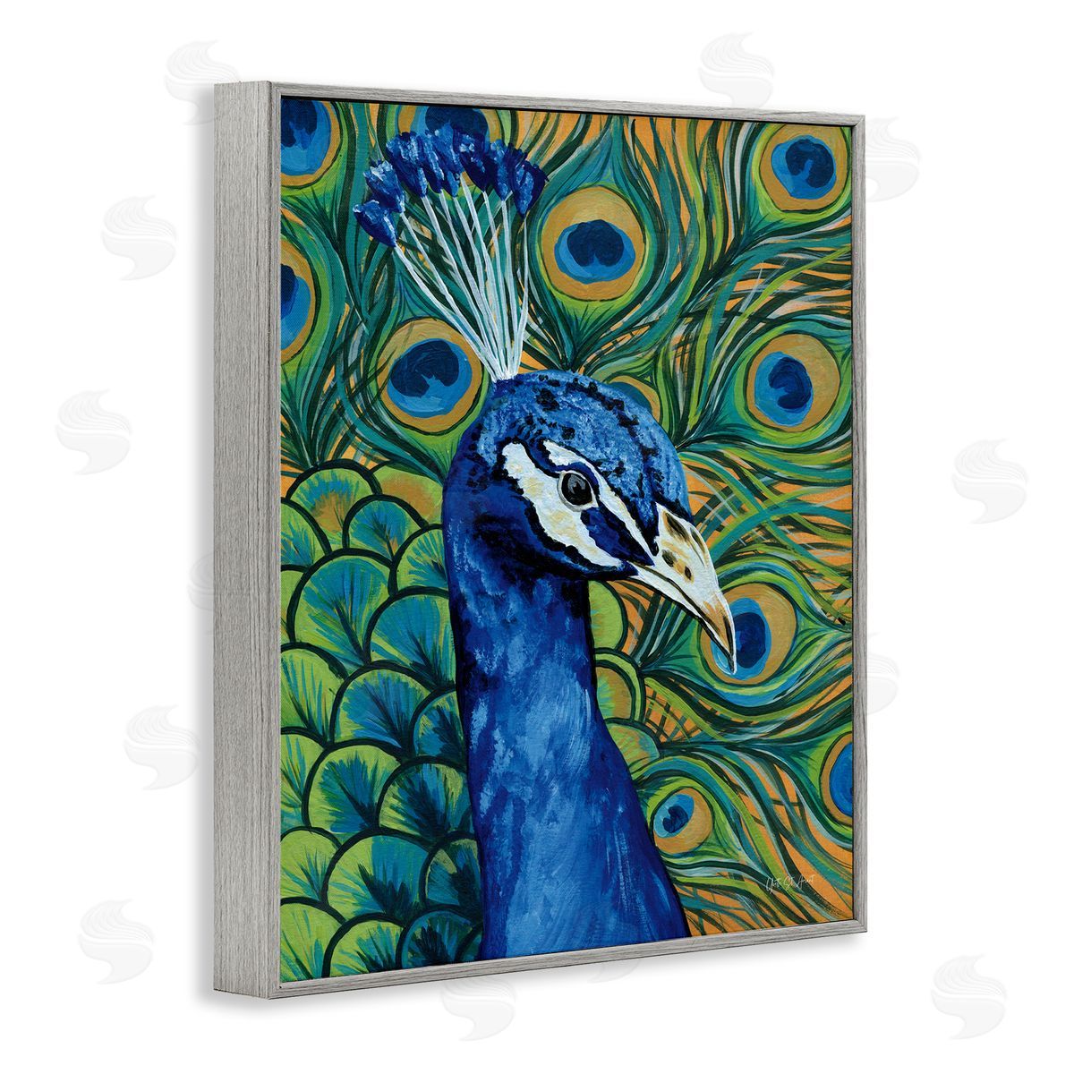 Bold Peacock Feathers Pattern Grey Frame Print Wall Art, Home Decor by Yvette St. Amant