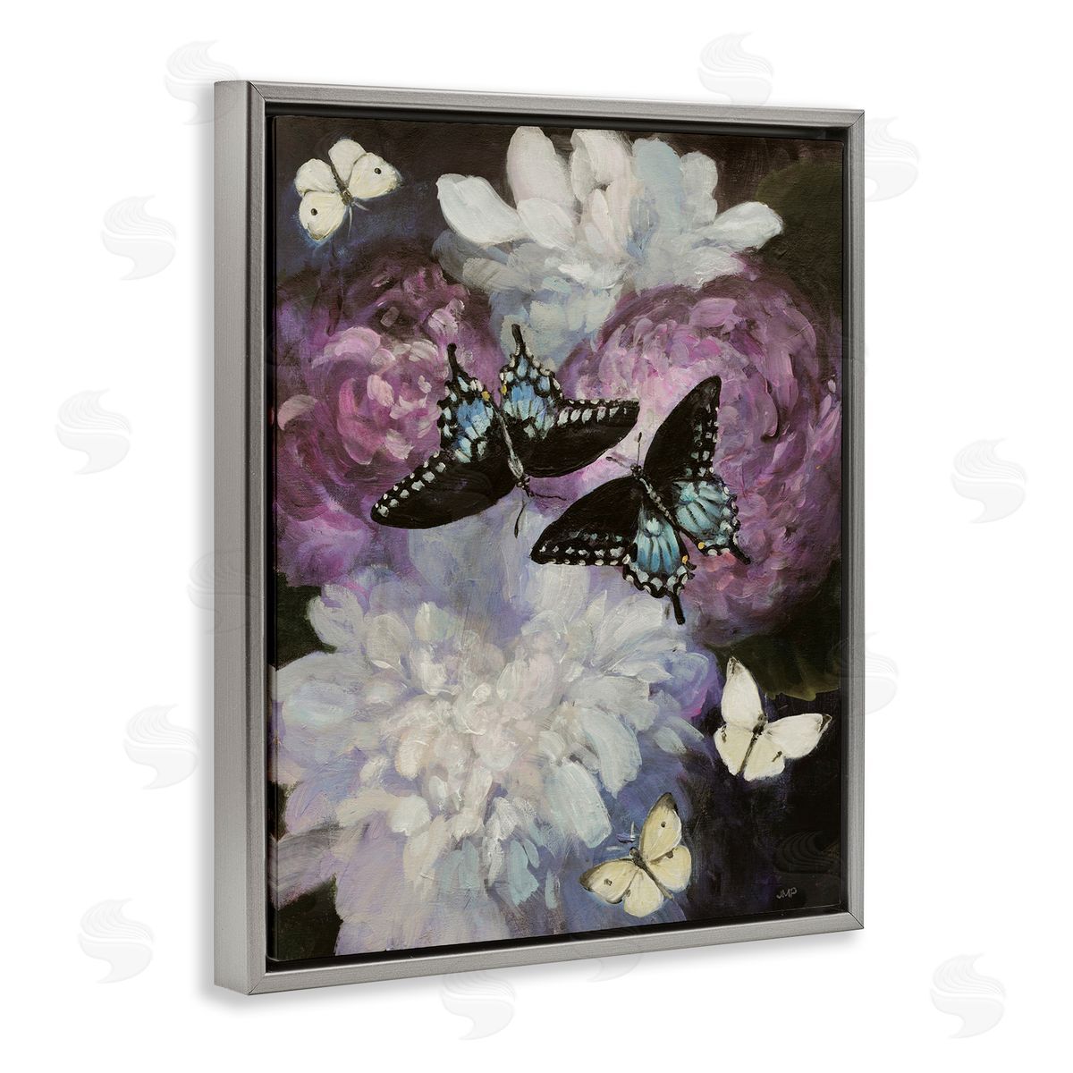 Midnight Garden Butterflies Grey Floating Frame Canvas Wall Art, Home Decor by Julia Purinton