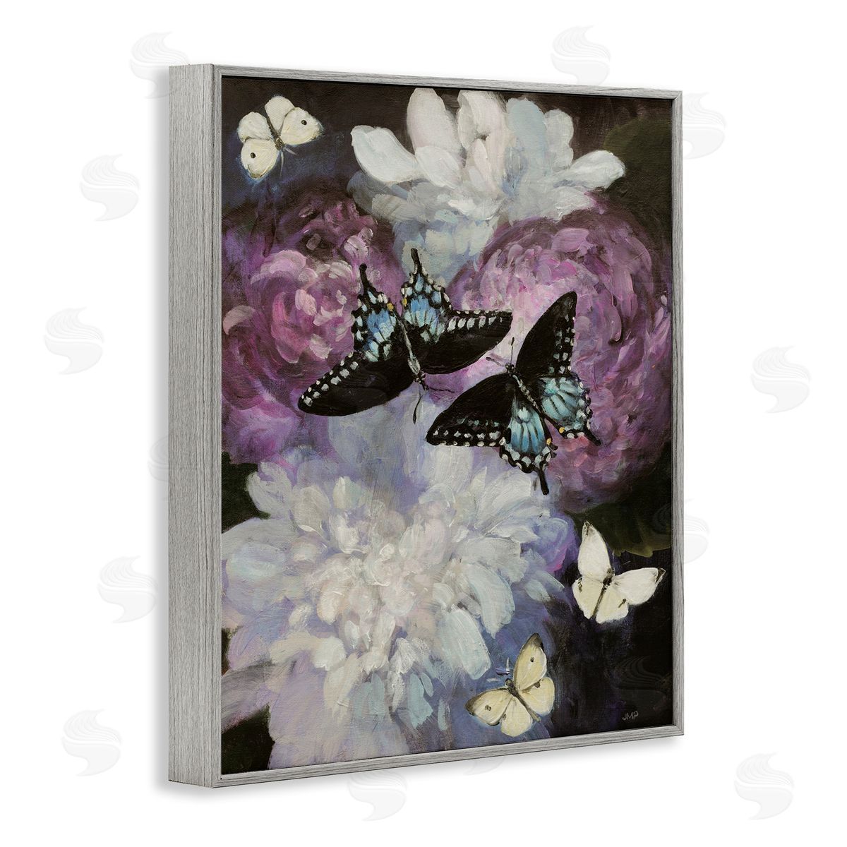 Midnight Garden Butterflies Grey Frame Print Wall Art, Home Decor by Julia Purinton