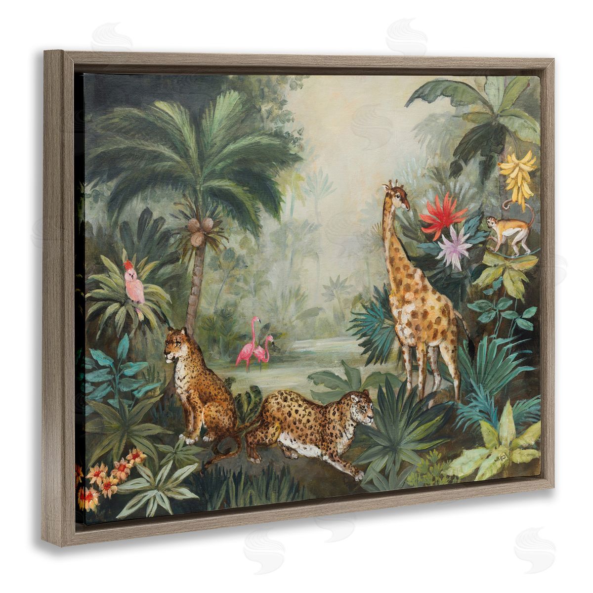 Tropical Animals in Jungle Brown Floating Frame Canvas Wall Art, Home Decor by Julia Purinton