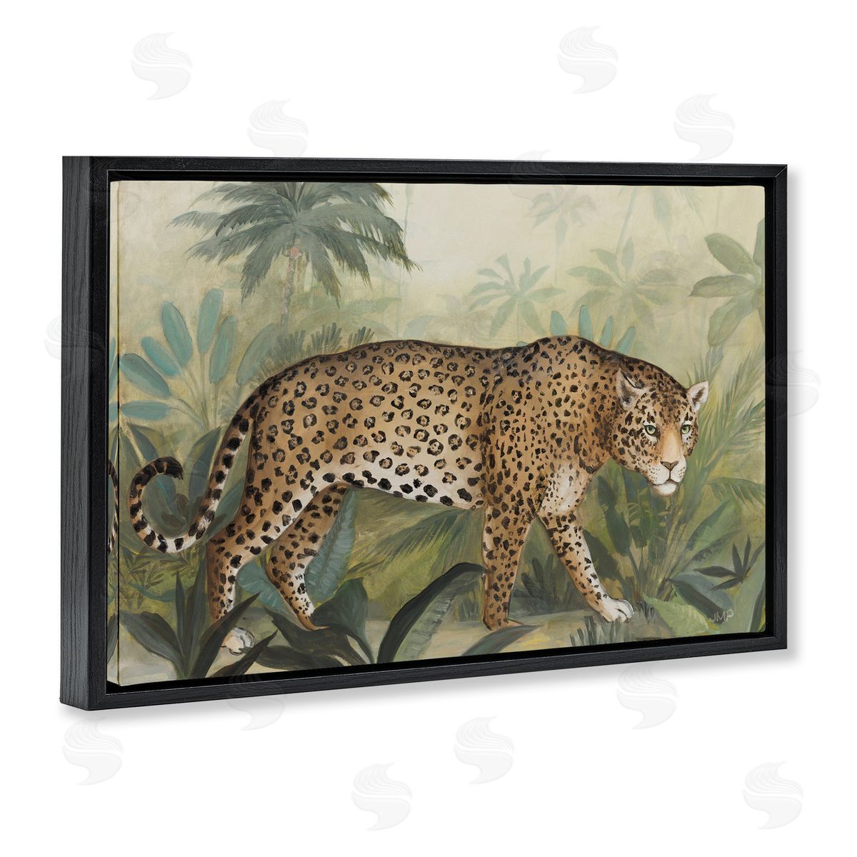 Prowling Leopard in Forest Black Floating Frame Canvas Wall Art, Home Decor by Julia Purinton
