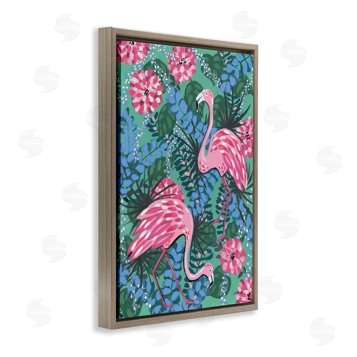 Maximalist Flamingos Pattern Brown Floating Frame Canvas Wall Art, Home Decor by Yvette St. Amant