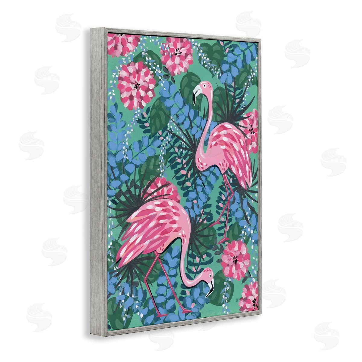 Maximalist Flamingos Pattern Grey Frame Print Wall Art, Home Decor by Yvette St. Amant