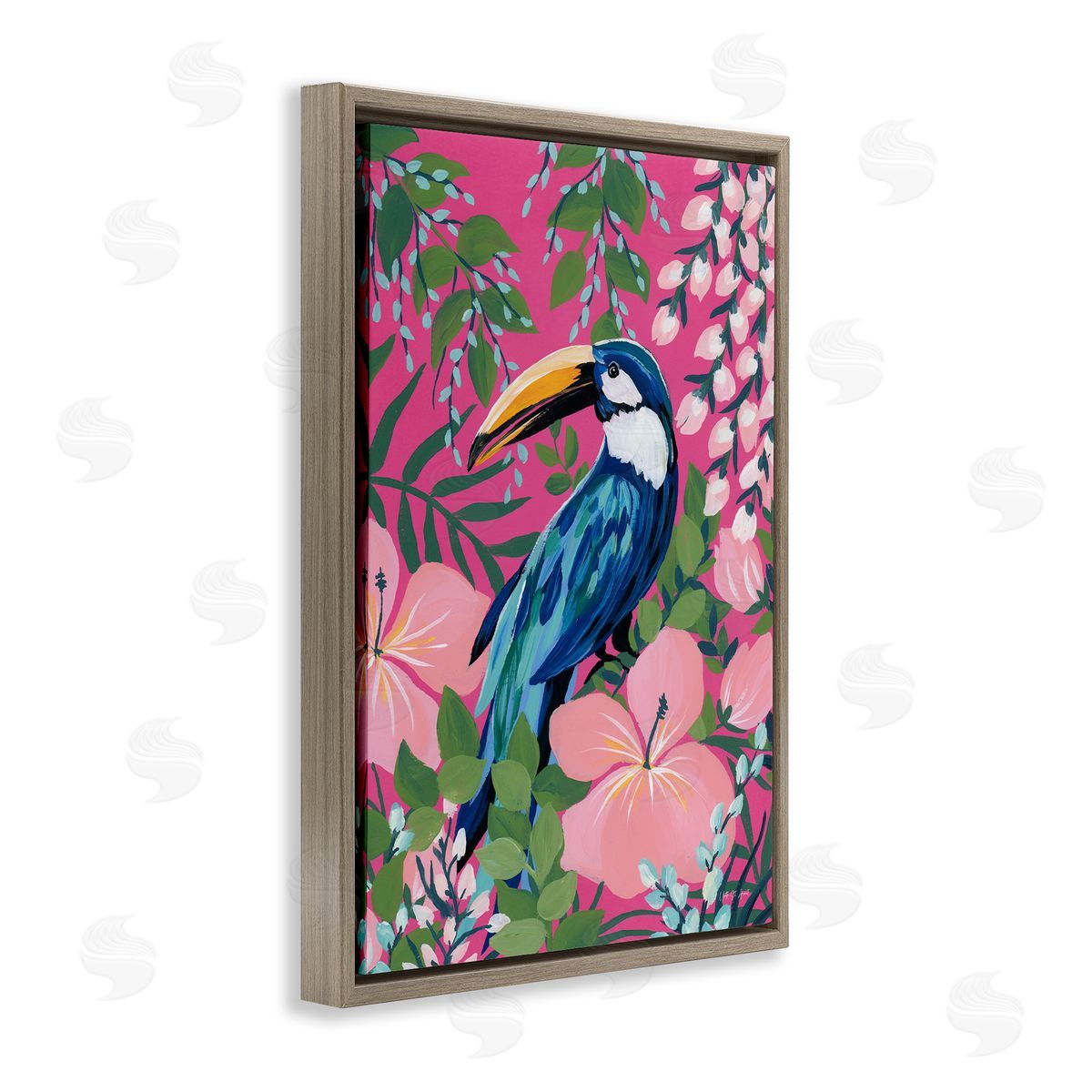 Maximalist Toucan Pattern Brown Floating Frame Canvas Wall Art, Home Decor by Silvia Vassileva