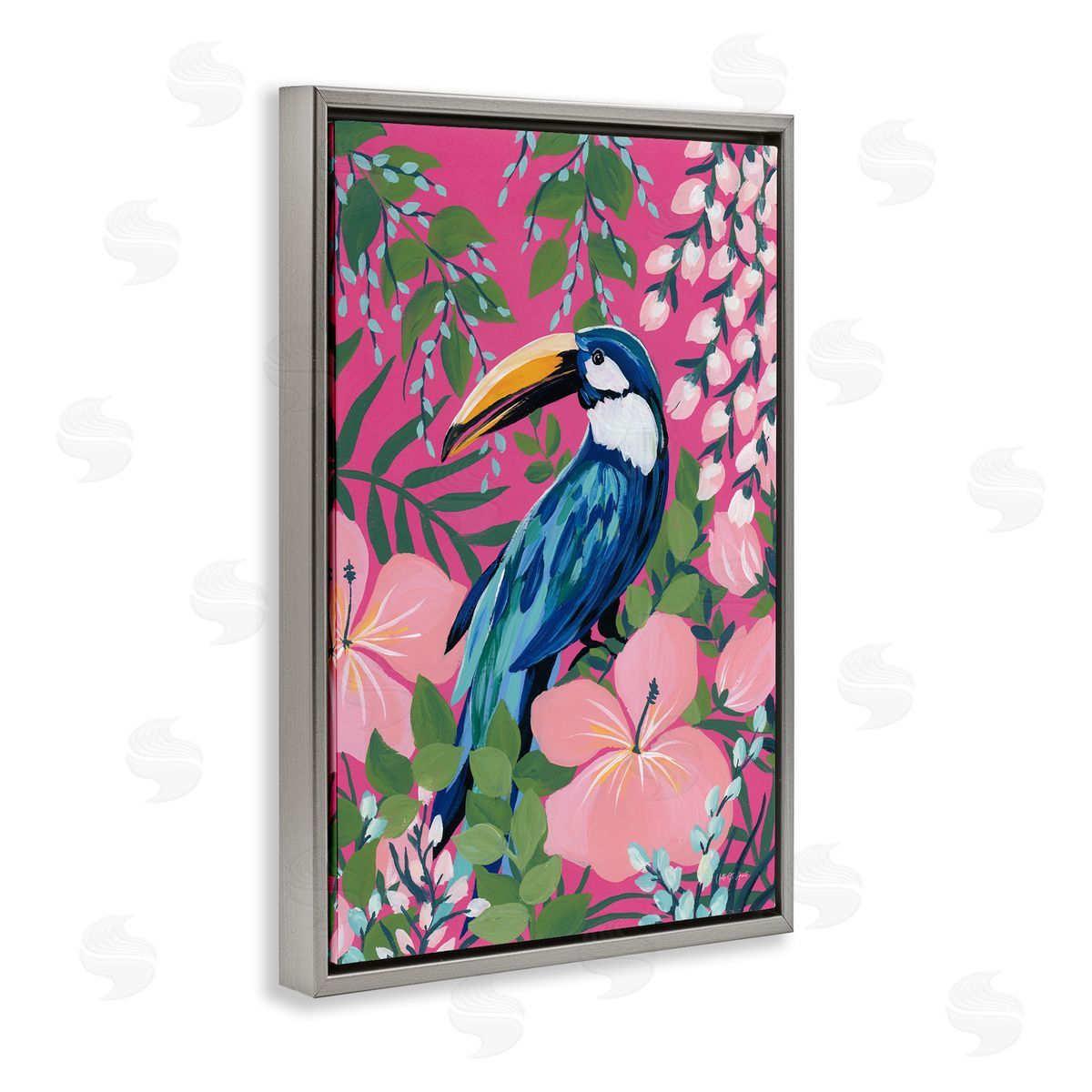 Maximalist Toucan Pattern Grey Floating Frame Canvas Wall Art, Home Decor by Silvia Vassileva