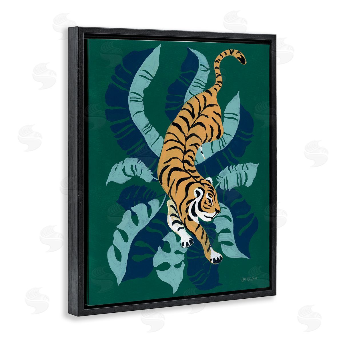Tiger Prowling over Palms Black Floating Frame Canvas Wall Art, Home Decor by Yvette St. Amant