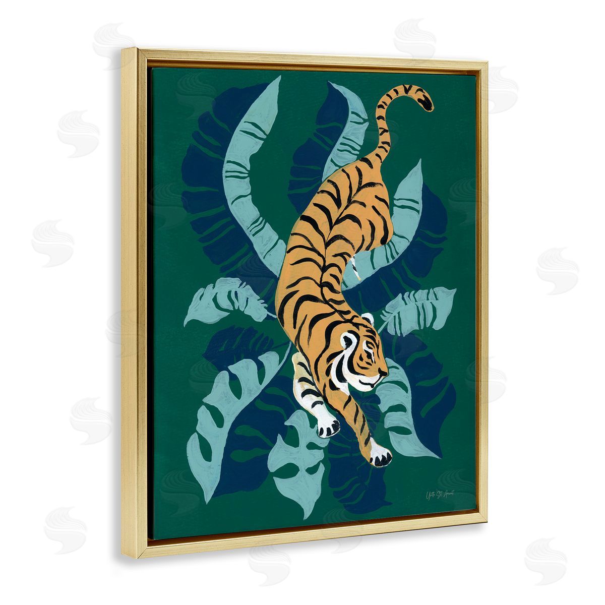 Tiger Prowling over Palms Gold Floating Frame Canvas Wall Art, Home Decor by Yvette St. Amant