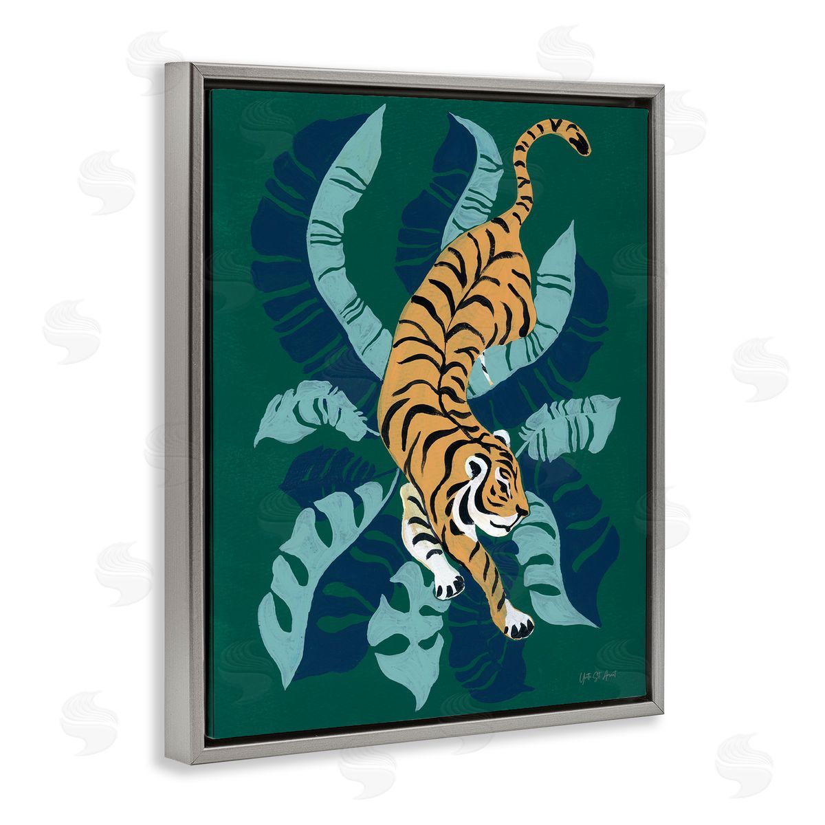 Tiger Prowling over Palms Grey Floating Frame Canvas Wall Art, Home Decor by Yvette St. Amant