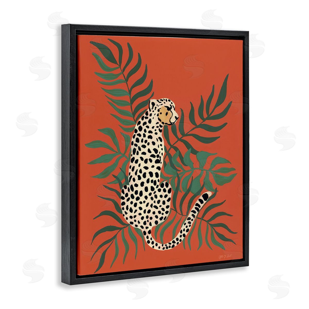 Leopard and Palm Leaves Black Floating Frame Canvas Wall Art, Home Decor by Yvette St. Amant