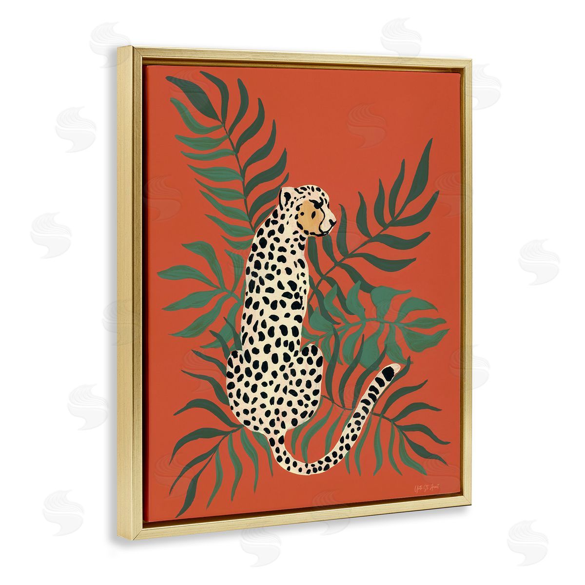 Leopard and Palm Leaves Gold Floating Frame Canvas Wall Art, Home Decor by Yvette St. Amant