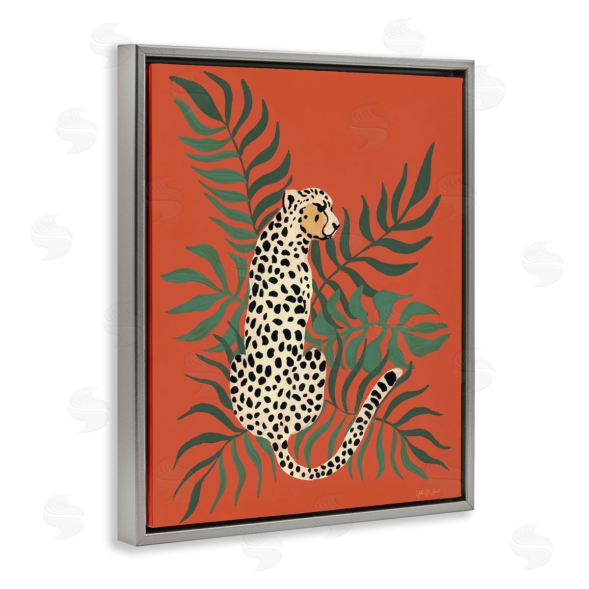 Leopard and Palm Leaves Grey Floating Frame Canvas Wall Art, Home Decor by Yvette St. Amant