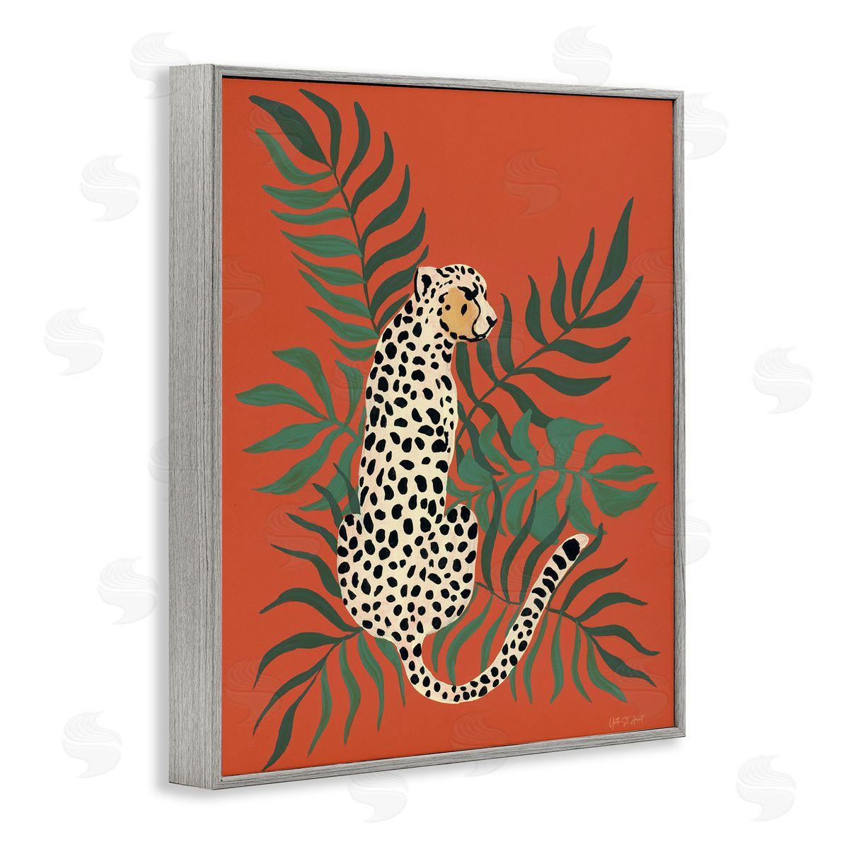 Leopard and Palm Leaves Grey Frame Print Wall Art, Home Decor by Yvette St. Amant