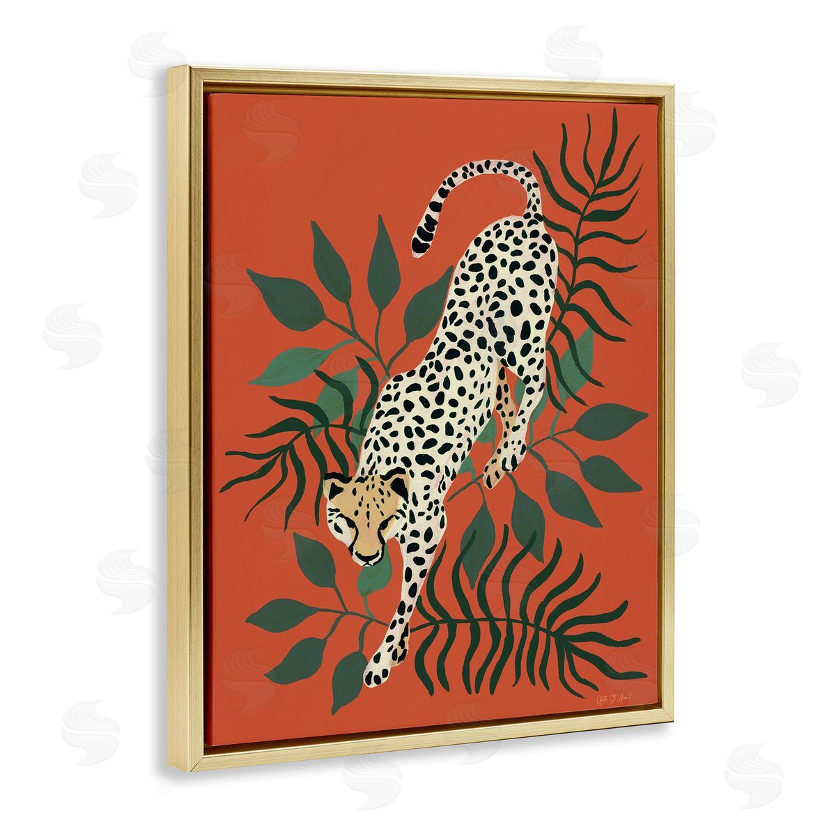 Stepping Cheetah and Leaves Gold Floating Frame Canvas Wall Art, Home Decor by Yvette St. Amant