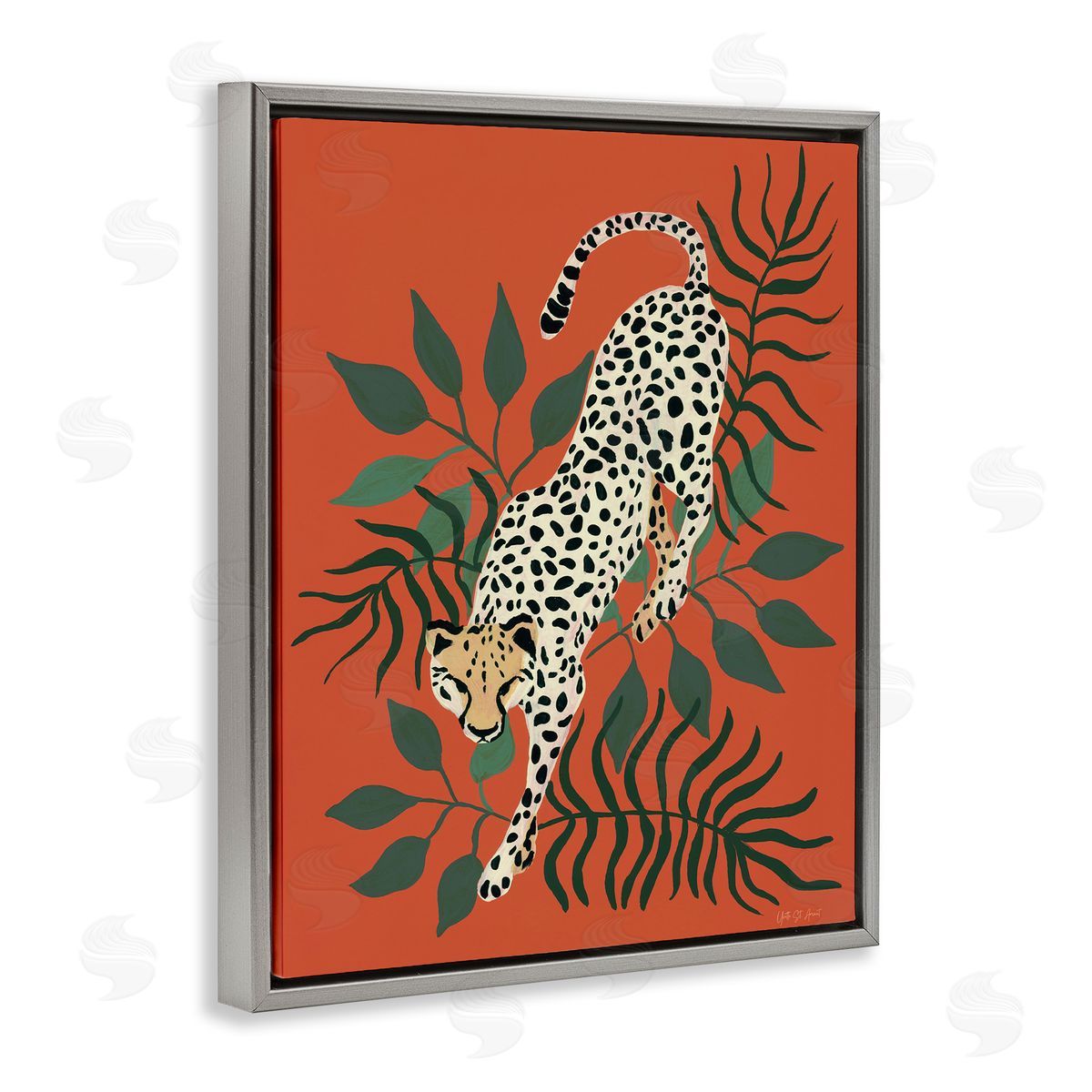 Stepping Cheetah and Leaves Grey Floating Frame Canvas Wall Art, Home Decor by Yvette St. Amant