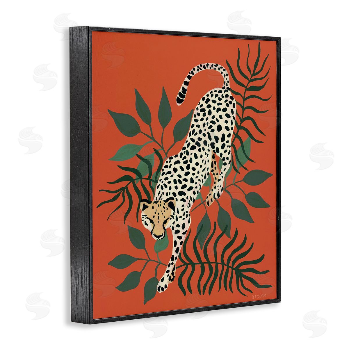 Stepping Cheetah and Leaves Black Frame Print Wall Art, Home Decor by Yvette St. Amant