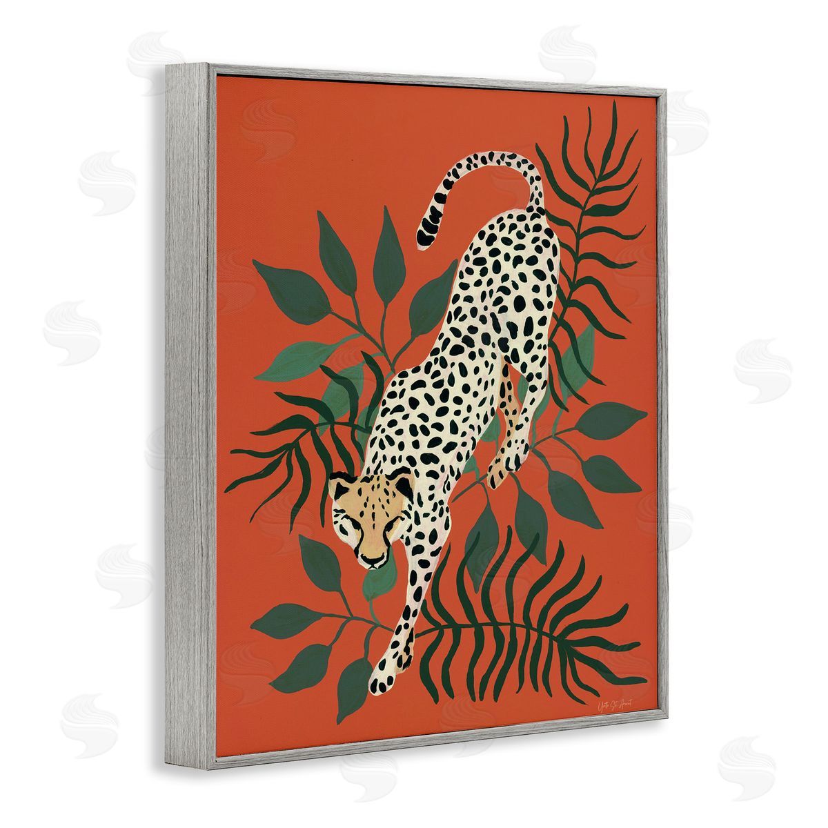 Stepping Cheetah and Leaves Grey Frame Print Wall Art, Home Decor by Yvette St. Amant