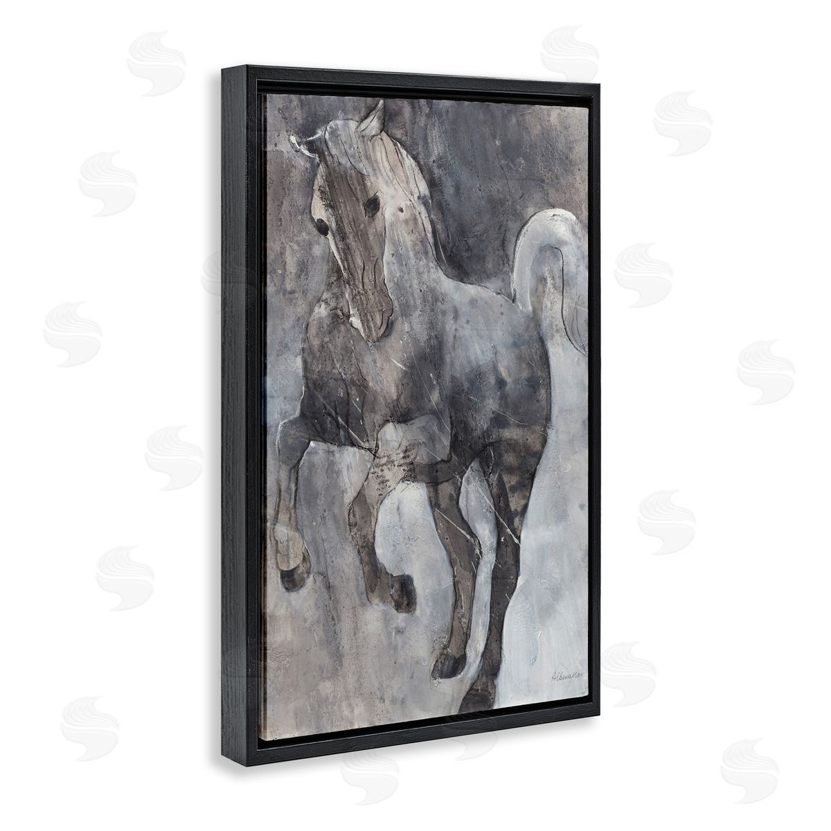 Wind Dancer Stallion Black Floating Frame Canvas Wall Art, Home Decor by Albena Hristova
