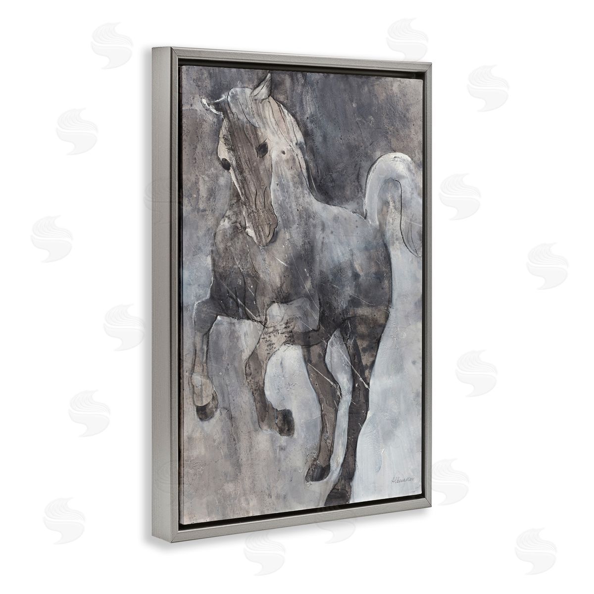 Wind Dancer Stallion Grey Floating Frame Canvas Wall Art, Home Decor by Albena Hristova