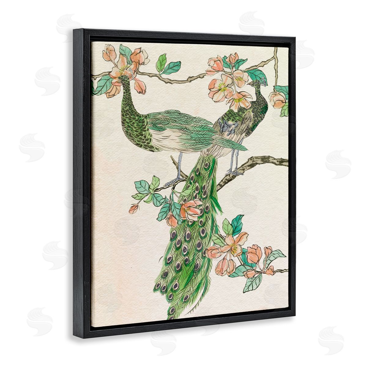 Peacock and Cherry Blossoms Black Floating Frame Canvas Wall Art, Home Decor by Melissa Wang