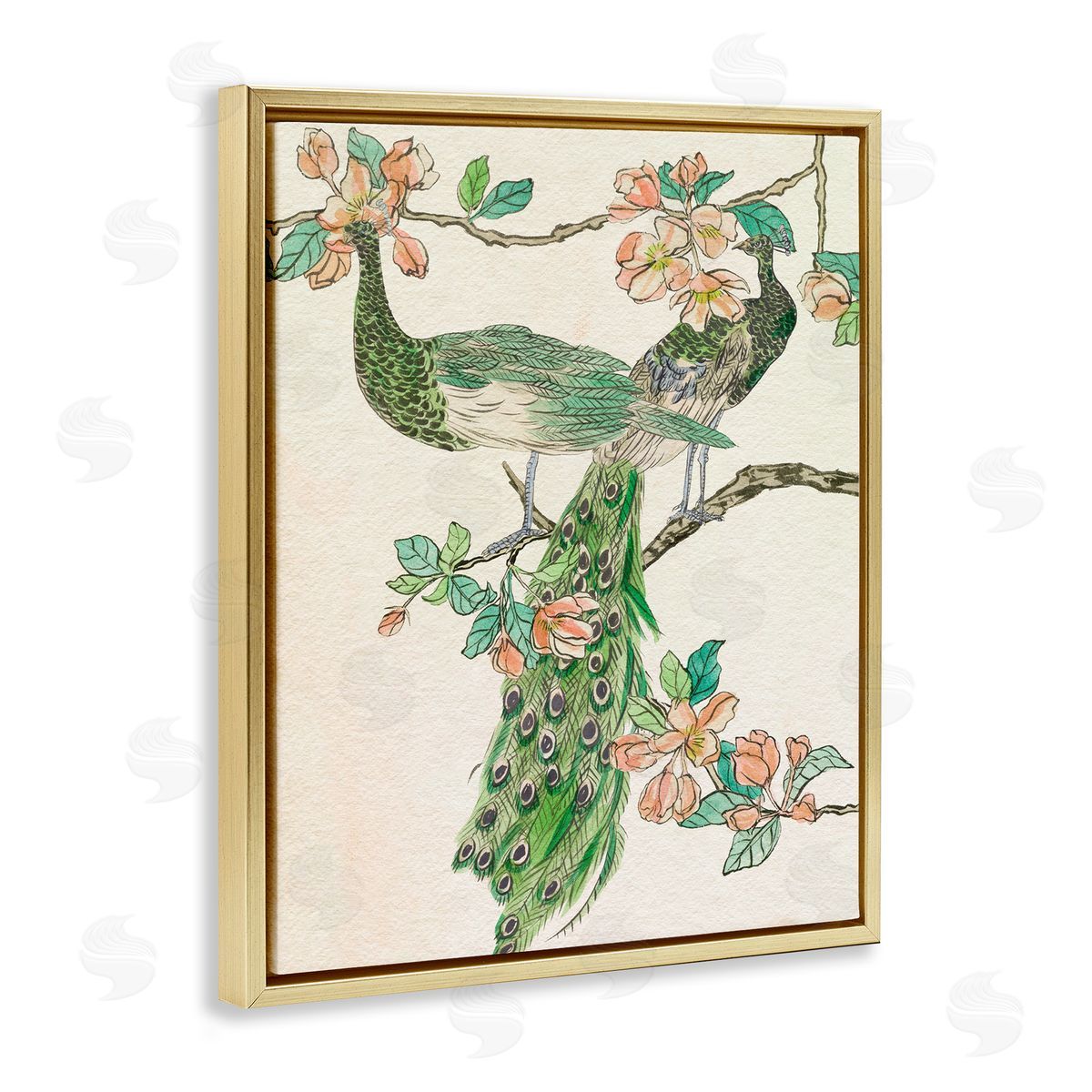 Peacock and Cherry Blossoms Gold Floating Frame Canvas Wall Art, Home Decor by Melissa Wang