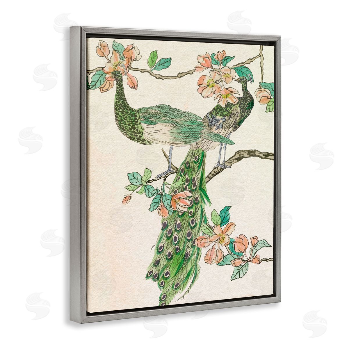 Peacock and Cherry Blossoms Grey Floating Frame Canvas Wall Art, Home Decor by Melissa Wang