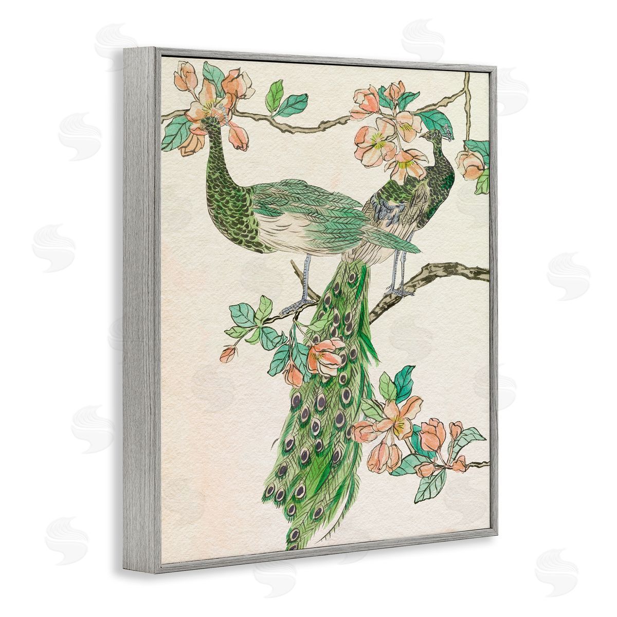 Peacock and Cherry Blossoms Grey Frame Print Wall Art, Home Decor by Melissa Wang