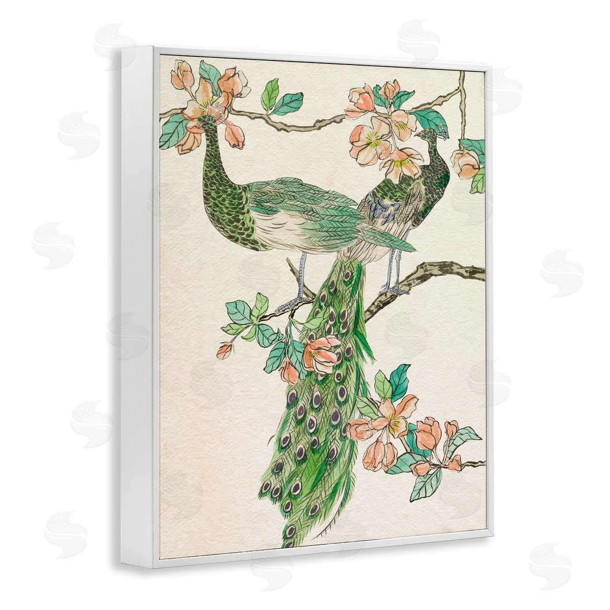 Peacock and Cherry Blossoms White Frame Print Wall Art, Home Decor by Melissa Wang