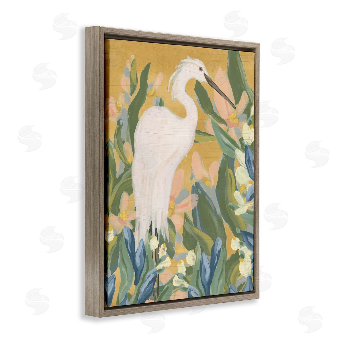 Egret and Lake Vegetation Brown Floating Frame Canvas Wall Art, Home Decor by June Erica Vess
