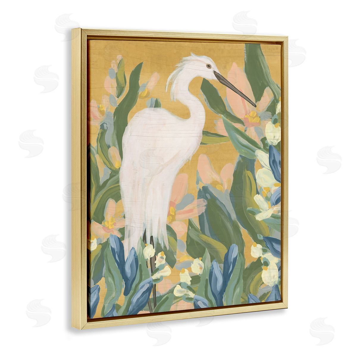Egret and Lake Vegetation Gold Floating Frame Canvas Wall Art, Home Decor by June Erica Vess