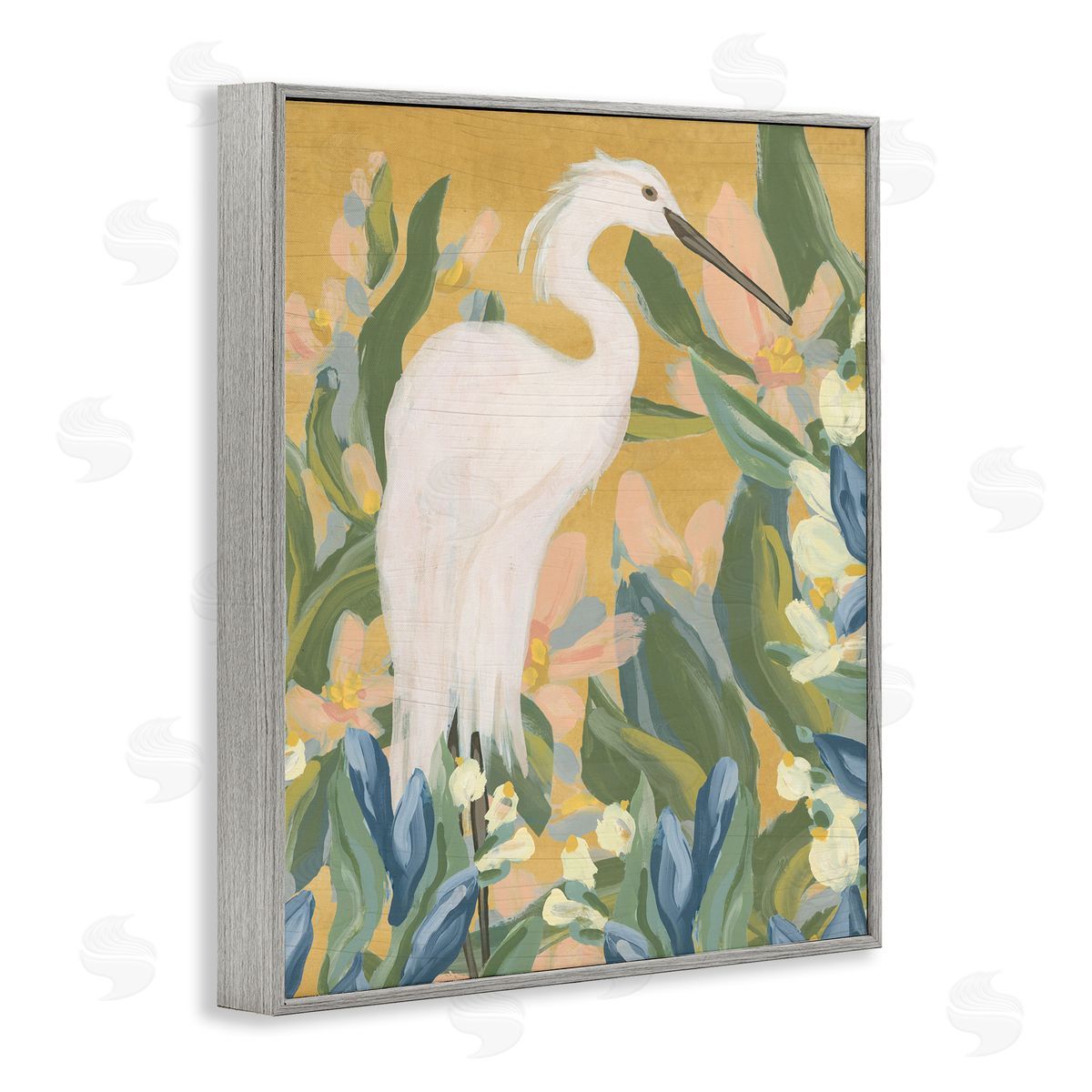 Egret and Lake Vegetation Grey Frame Print Wall Art, Home Decor by June Erica Vess