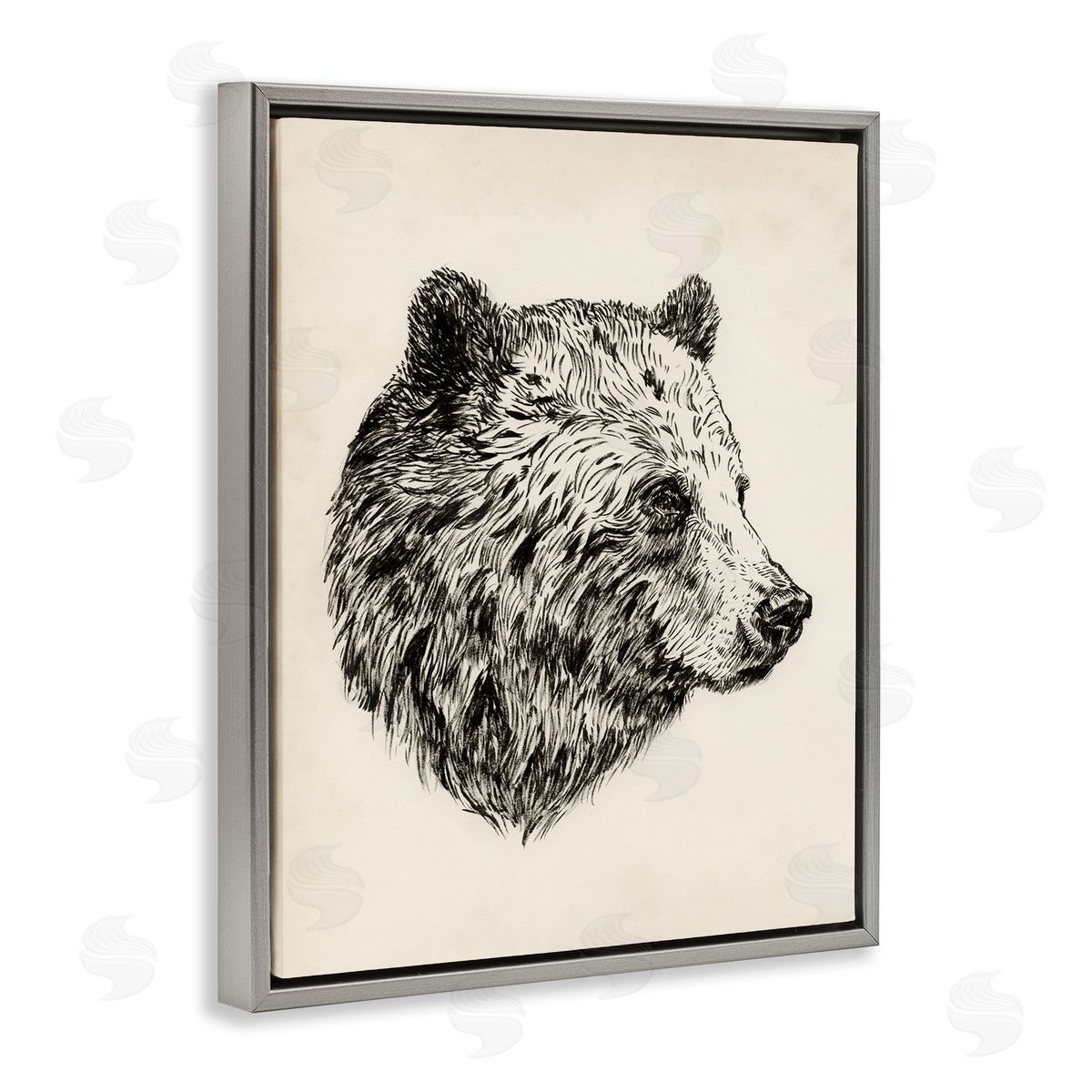 Rustic Bear Drawing Grey Floating Frame Canvas Wall Art, Home Decor by Victoria Barnes